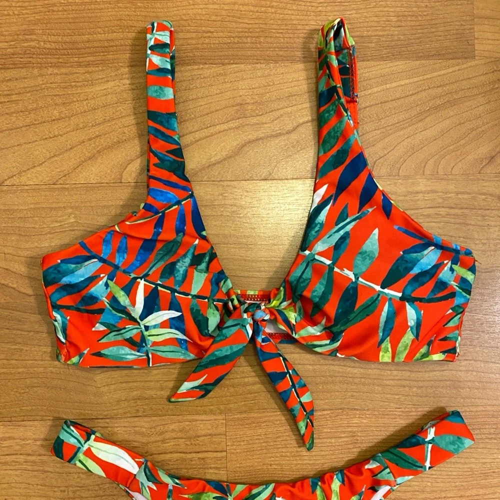 Red Tropical Knot Front Cheeky Bikini Set